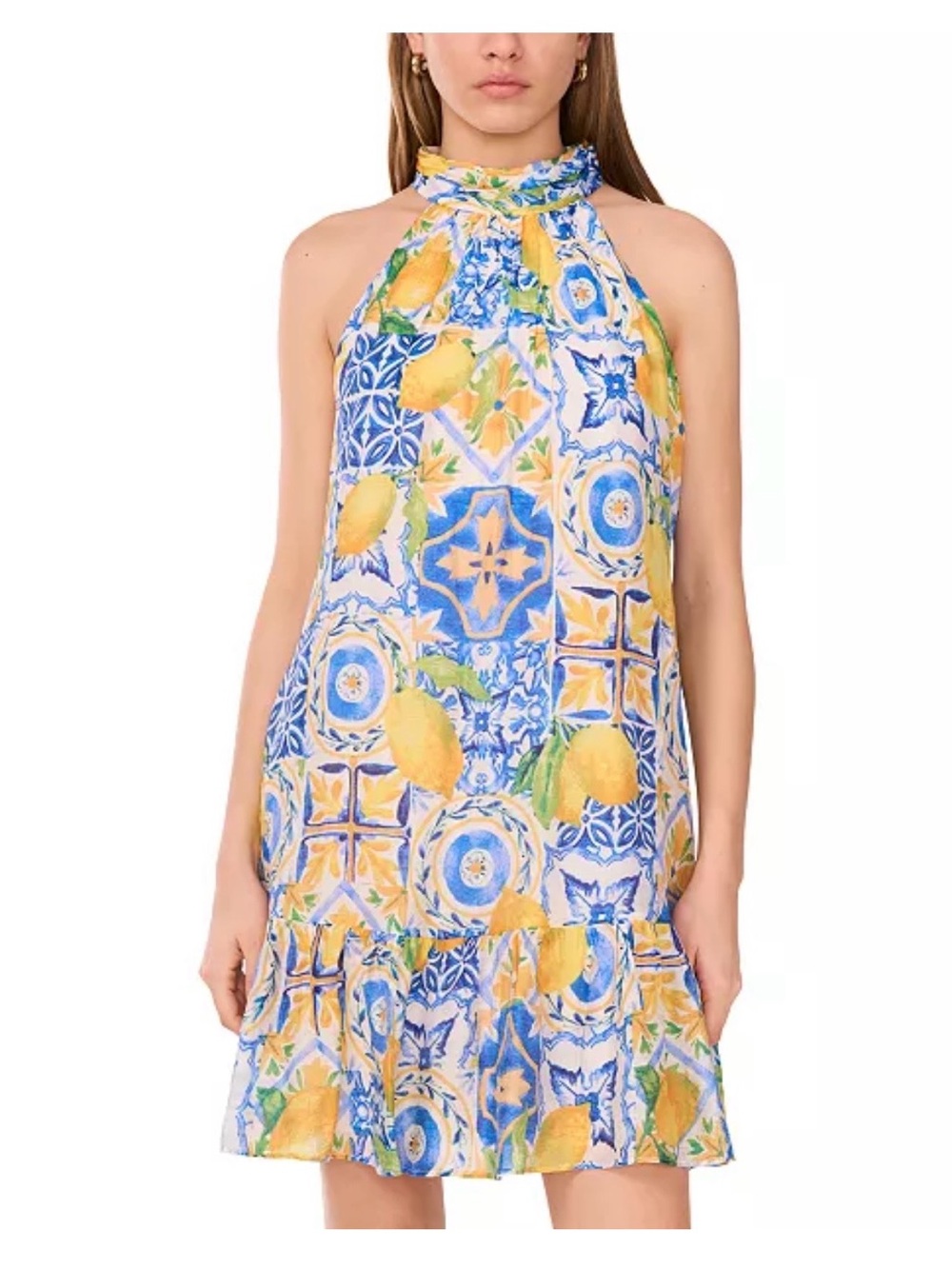 MSK  Women’s Printed Halter-Neck Ruffle  Dress - Ivory Multi